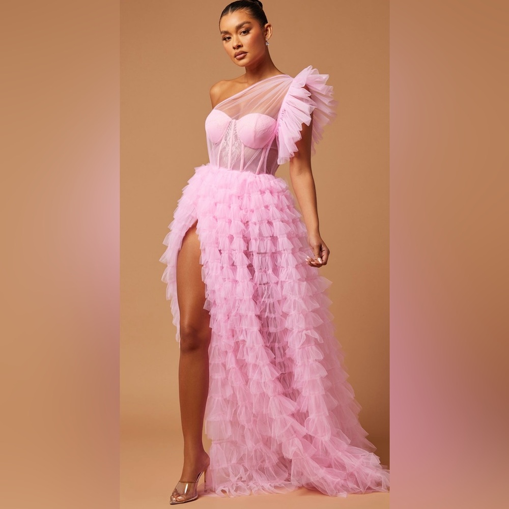 Fashion Nova Pink Ruffled Maxi Dress